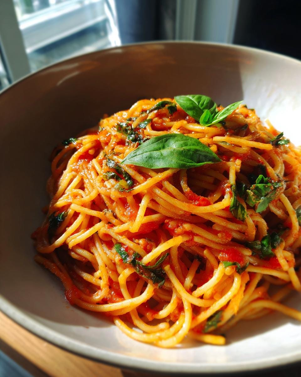 Schüssel mit Tomaten-Knoblauch-Pasta, garniert mit frischem Basilikum.