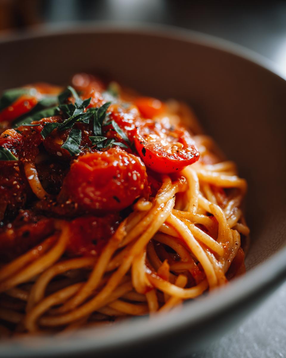 Nahaufnahme von Tomaten-Knoblauch-Pasta in einer Schüssel, garniert mit Kräutern.