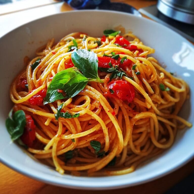 Close-up einer Schüssel Tomaten-Knoblauch-Pasta, garniert mit frischem Basilikum.