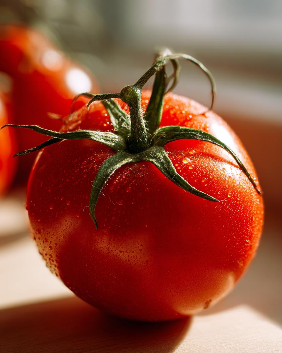 Close-up of a ripe, red tomato with water droplets, perfect for Tomaten-Knoblauch-Pasta.
