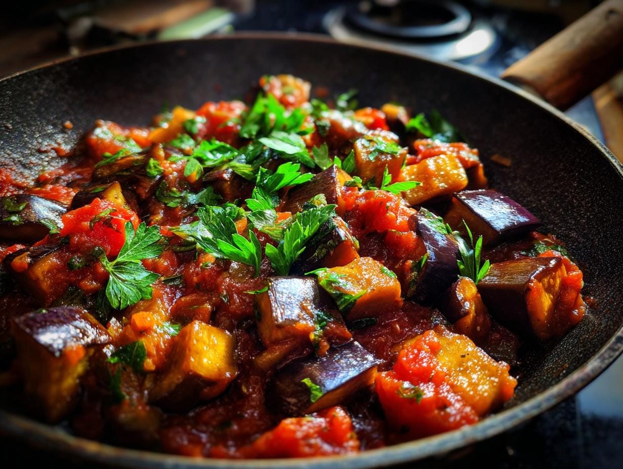 Nahaufnahme einer leckeren türkischen Auberginenpfanne, frisch zubereitet und mit Petersilie garniert.