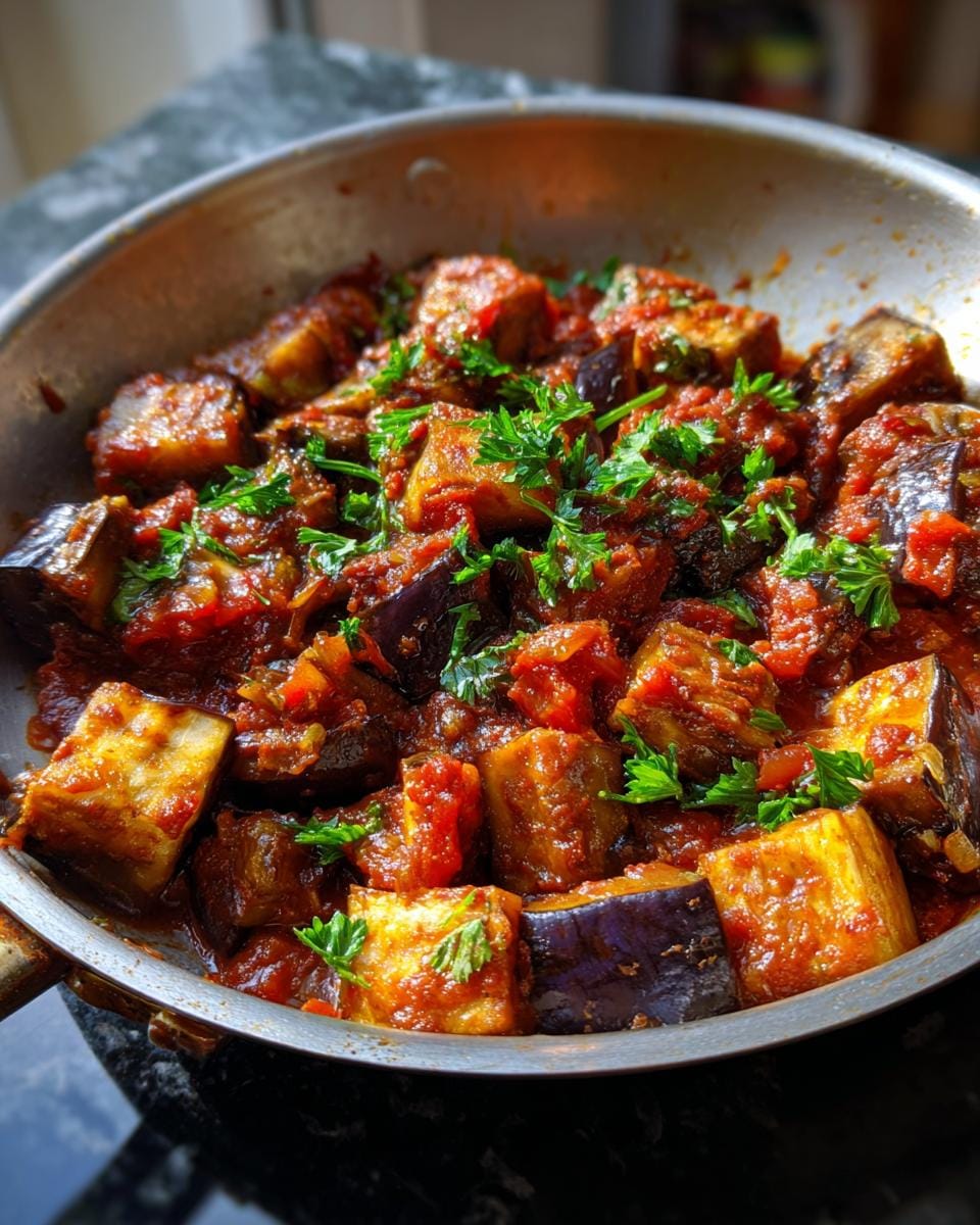 Nahaufnahme einer leckeren türkischen Auberginenpfanne einfach zubereitet, serviert in einer Pfanne und mit Petersilie garniert.