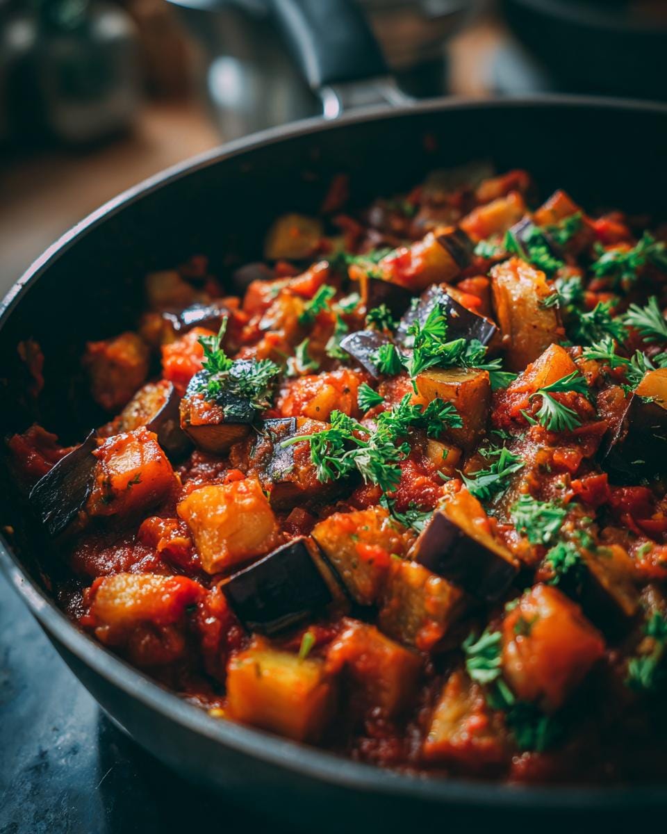 Nahaufnahme einer leckeren türkischen Auberginenpfanne, frisch zubereitet und mit Petersilie garniert.