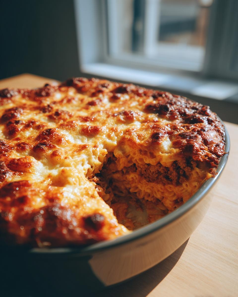 Close-up of a cheesy Überbackene Auflauf, a German casserole, with pasta and meat filling.