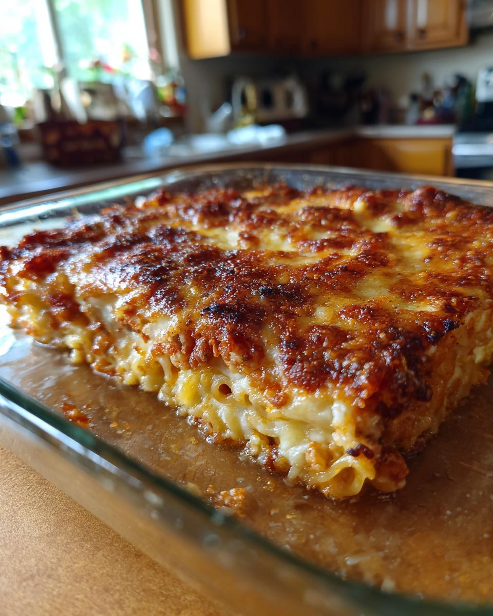 Close-up of a freshly baked Überbackene Auflauf in a glass baking dish, golden brown and bubbly.