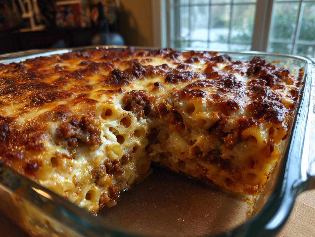 Close-up of a freshly baked Überbackene Auflauf, a German casserole with pasta, meat, and a golden cheese topping.