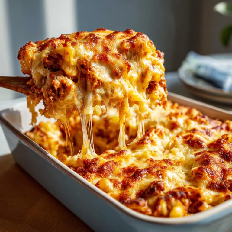 Close-up of a delicious Überbackene Auflauf (casserole) with melted cheese being lifted from a baking dish.