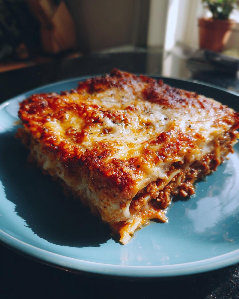 A slice of Überbackene Auflauf, a German casserole, on a blue plate, showcasing layers of meat and cheese.