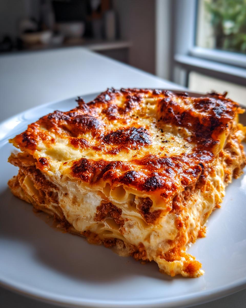 A slice of Überbackene Auflauf with layers of pasta, meat sauce, and a golden, cheesy topping.