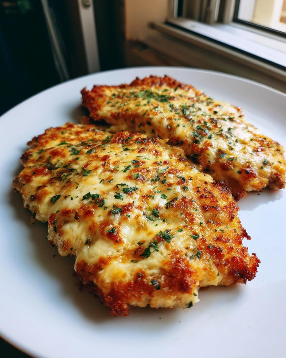 Two pieces of golden-brown Überbackene Partyschnitzel topped with melted cheese and fresh herbs on a white plate.