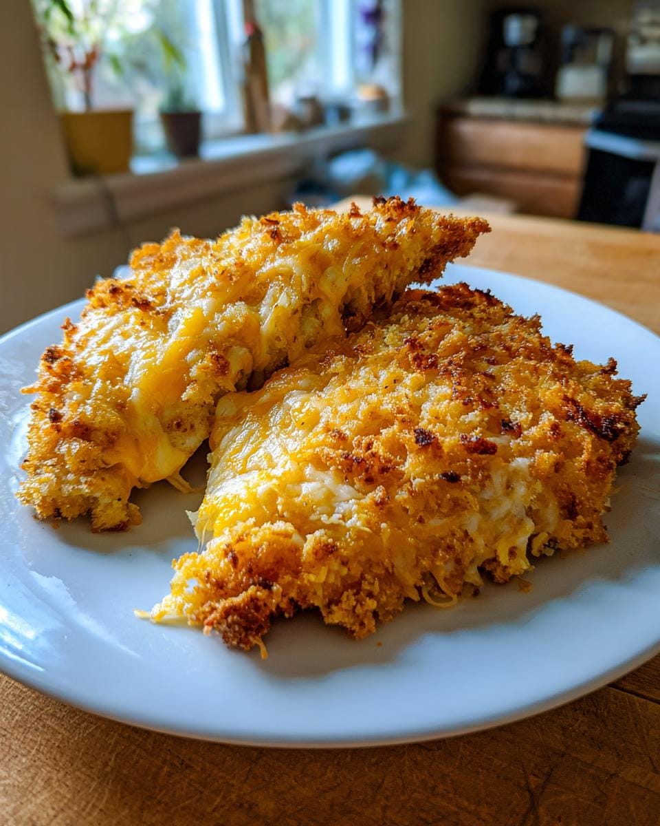 Two pieces of golden-brown Überbackene Partyschnitzel on a white plate, ready to be served.