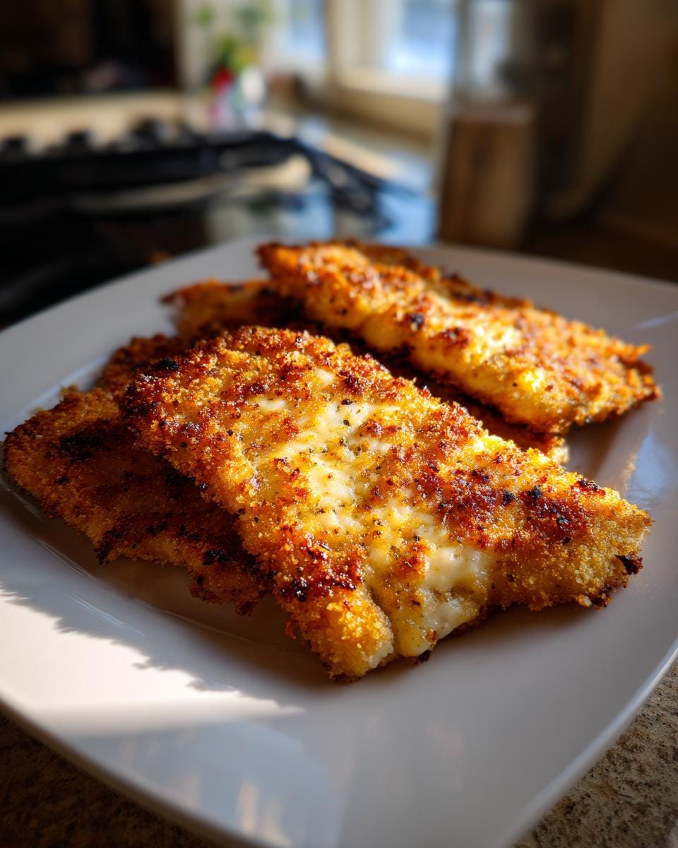 Close-up of golden brown Überbackene Partyschnitzel on a white plate, showcasing the crispy breading.