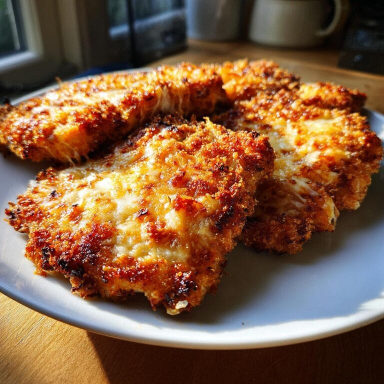 Close-up of golden brown Überbackene Partyschnitzel topped with melted cheese on a white plate.