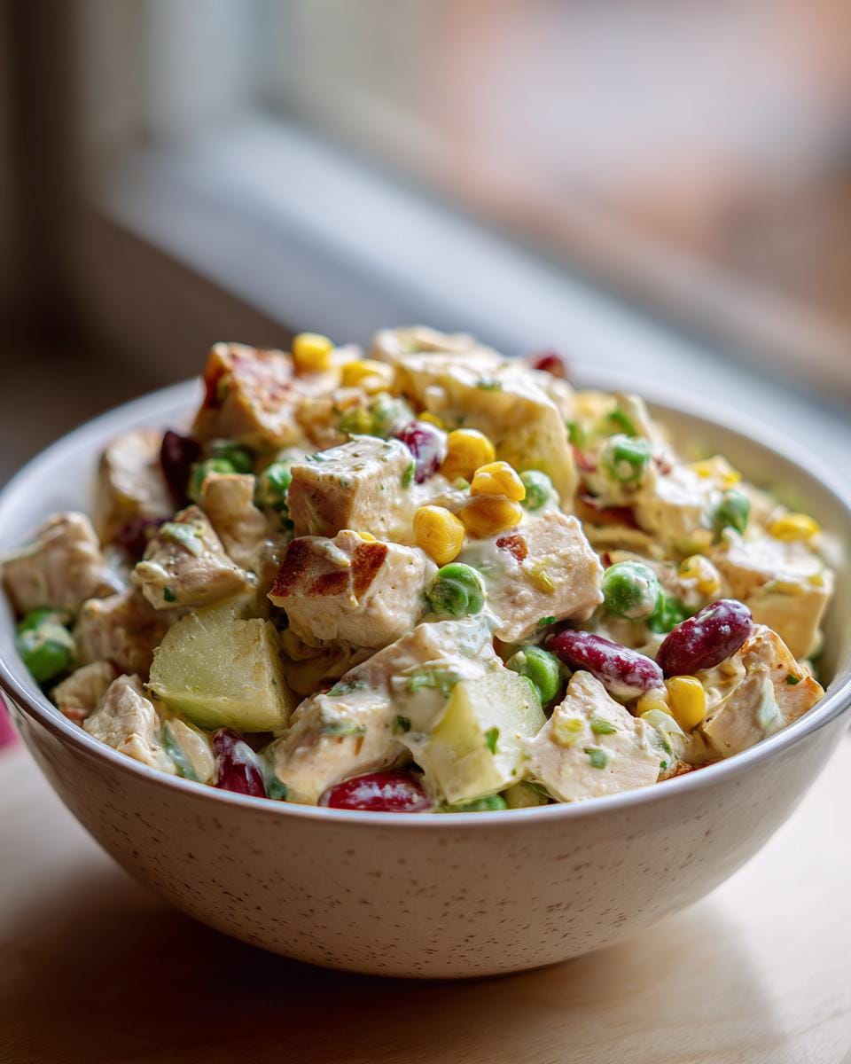 Bowl of Über-Nacht-Salat mit cremigem Dressing, featuring chicken, potatoes, corn, peas, and kidney beans.