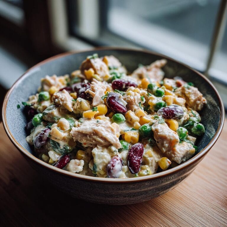 Bowl of Über-Nacht-Salat mit cremigem Dressing, featuring chicken, beans, corn, and peas in a creamy dressing.
