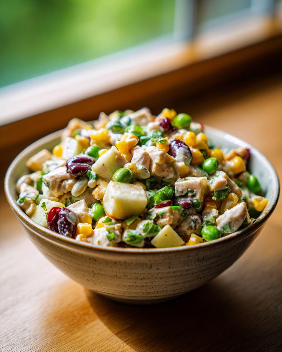 Schüssel mit Über-Nacht-Salat mit cremigem Dressing, Mais, Erbsen, Bohnen und Apfel.