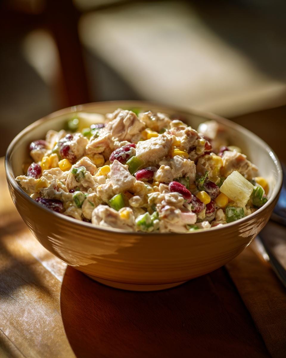 Schüssel mit Über-Nacht-Salat mit cremigem Dressing, Mais, Bohnen, Paprika und Ananas.