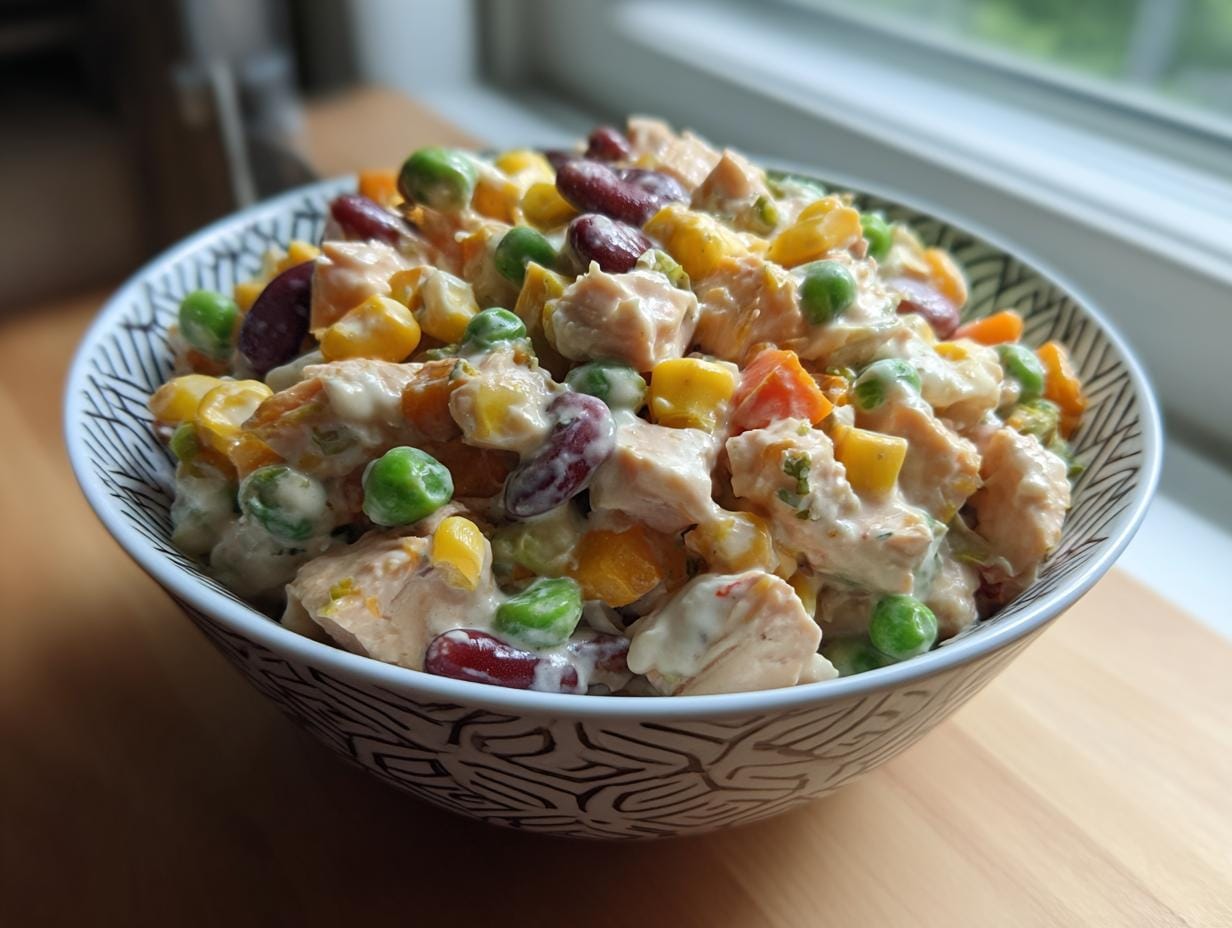 Schüssel mit Über-Nacht-Salat mit cremigem Dressing, bestehend aus Erbsen, Mais, Bohnen und Hähnchen.