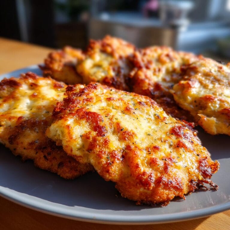 Close-up of Überbackene Partyschnitzel aus dem Ofen on a plate, golden and cheesy.