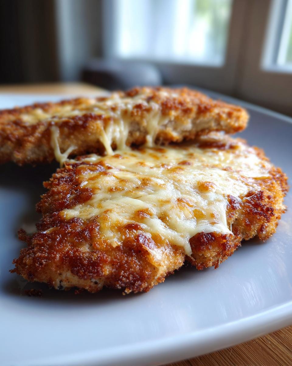 Two golden-brown Überbackene Partyschnitzel aus dem Ofen topped with melted cheese on a plate.