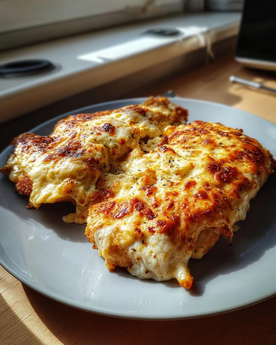 Close-up of Überbackene Partyschnitzel aus dem Ofen, topped with melted cheese on a plate.