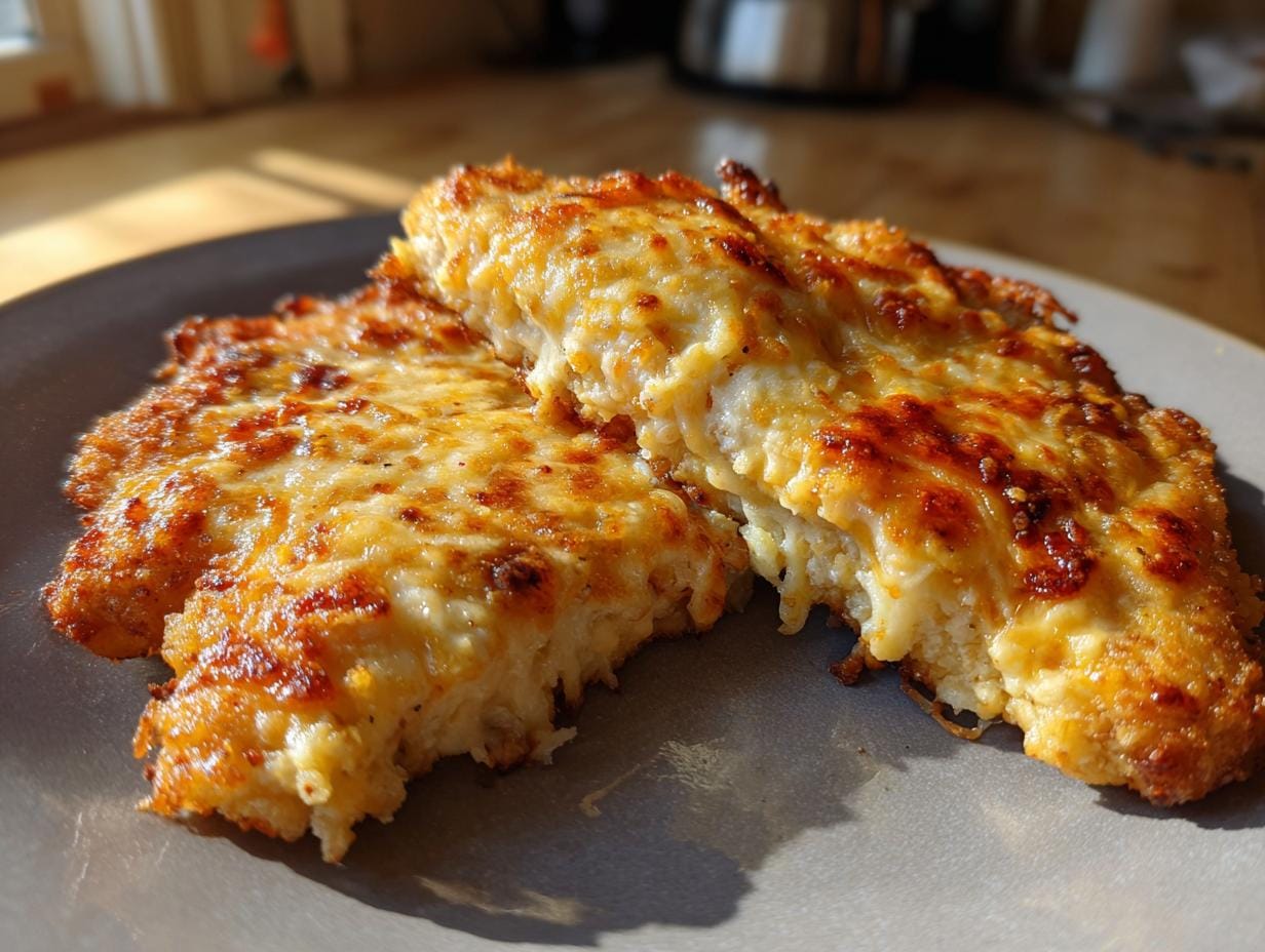 Two pieces of golden brown Überbackene Partyschnitzel aus dem Ofen on a gray plate, showcasing the cheesy topping.