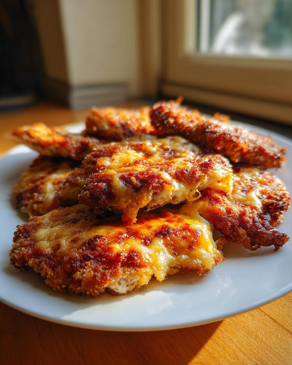 A plate of golden-brown Überbackene Partyschnitzel, topped with melted cheese.