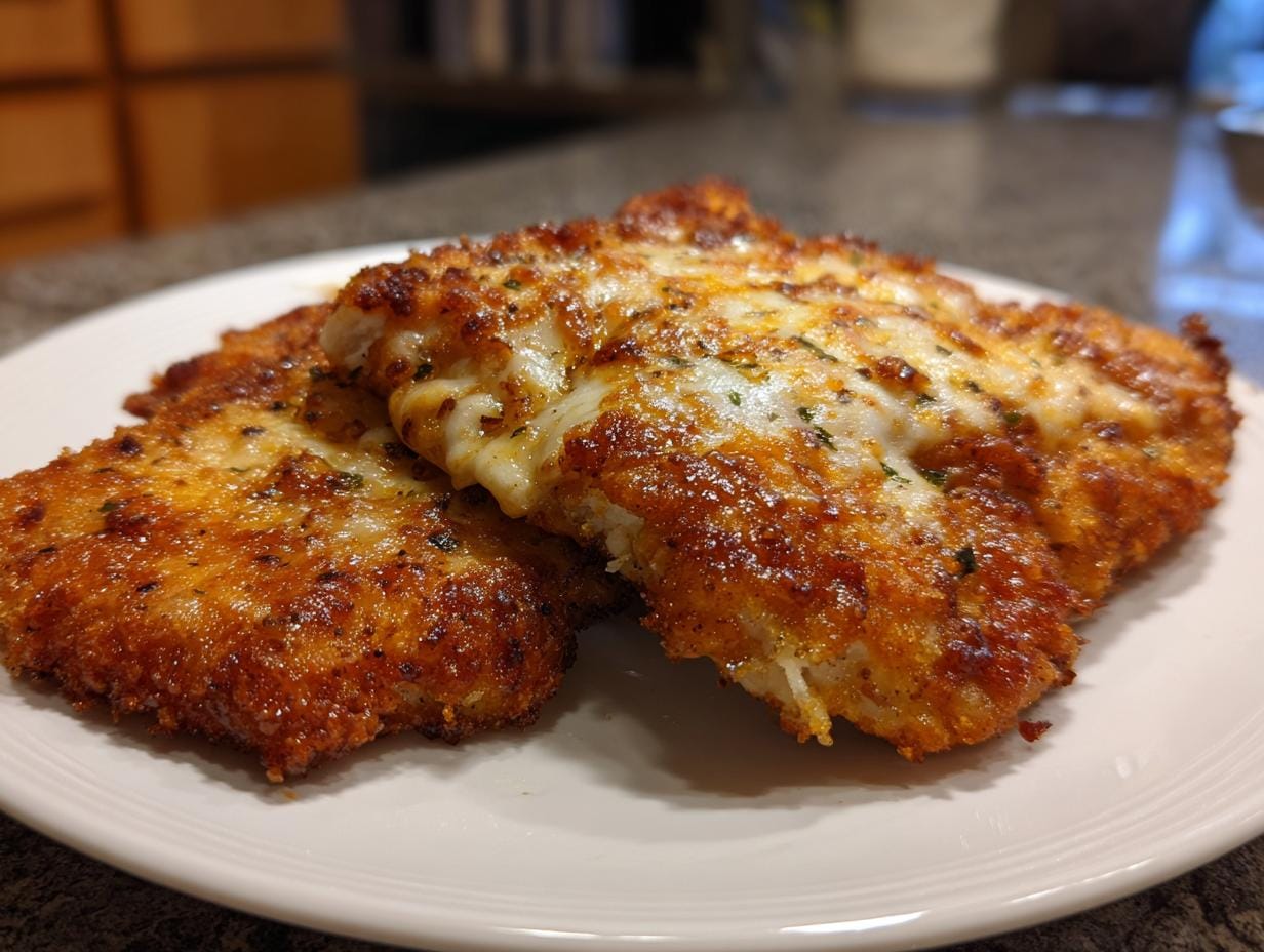 Two pieces of golden-brown Überbackene Partyschnitzel topped with melted cheese on a white plate.