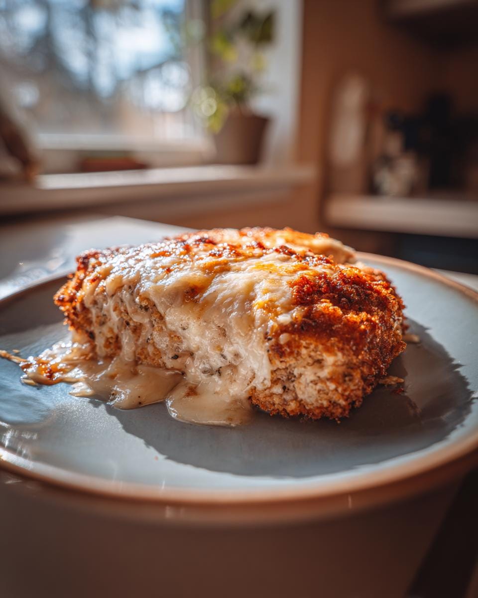 Close-up of Überbackene Partyschnitzel aus dem Ofen on a plate, topped with melted cheese.