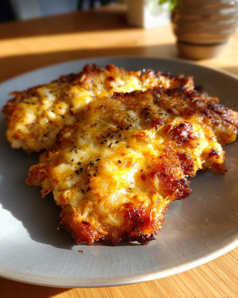 Two Überbackene Partyschnitzel aus dem Ofen on a plate, topped with melted cheese and herbs.