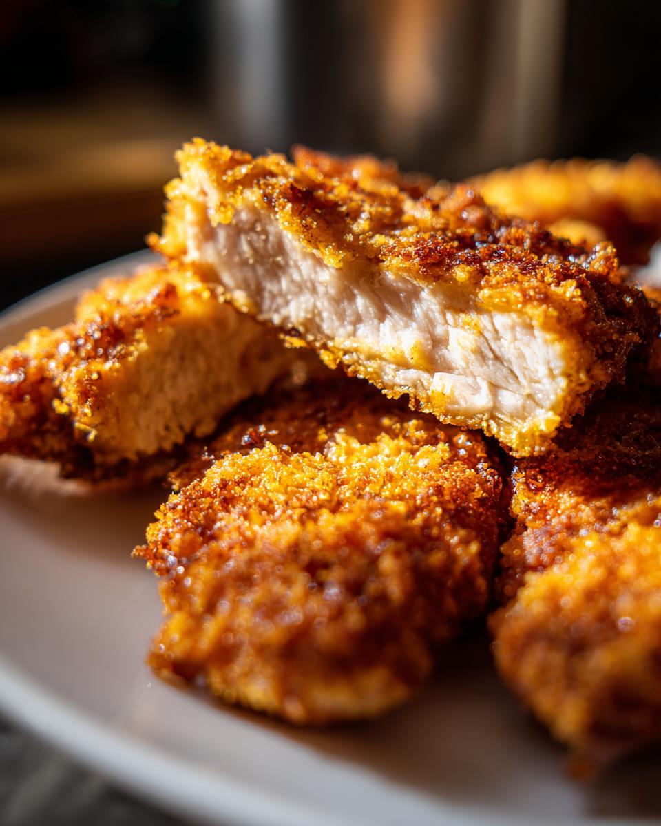 Close-up of ultra knusprige Hähnchenstreifen (crispy chicken strips) showing the crispy coating and juicy chicken inside.