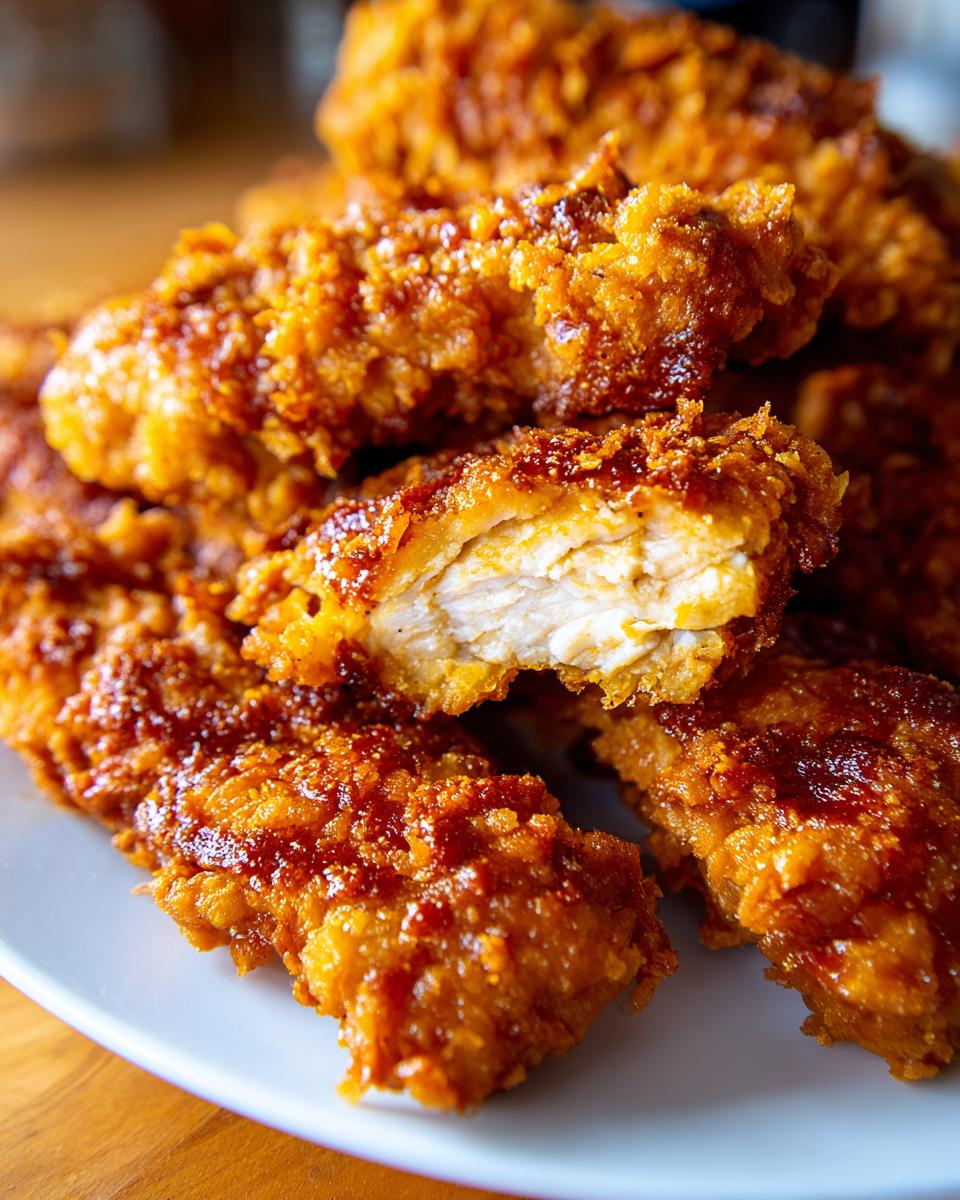 Close-up of ultra knusprige Hähnchenstreifen (crispy chicken strips) on a white plate, one broken to show the inside.
