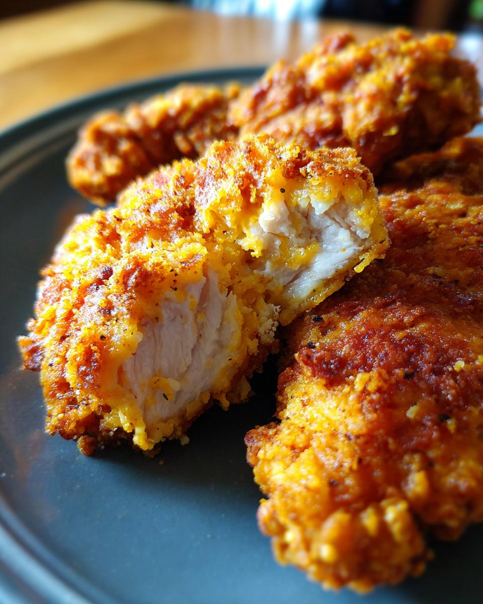 Close-up of ultra knusprige Hähnchenstreifen (crispy chicken strips) with a bite taken out, showing the juicy chicken inside.