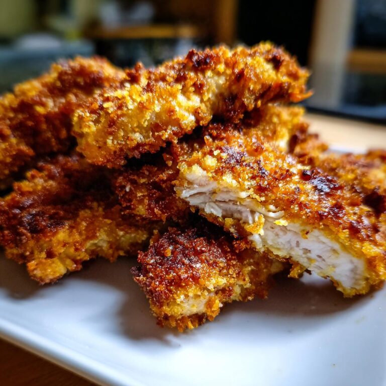 Close-up of ultra knusprige Hähnchenstreifen (crispy chicken strips) showing the golden-brown, crispy coating and juicy chicken inside.