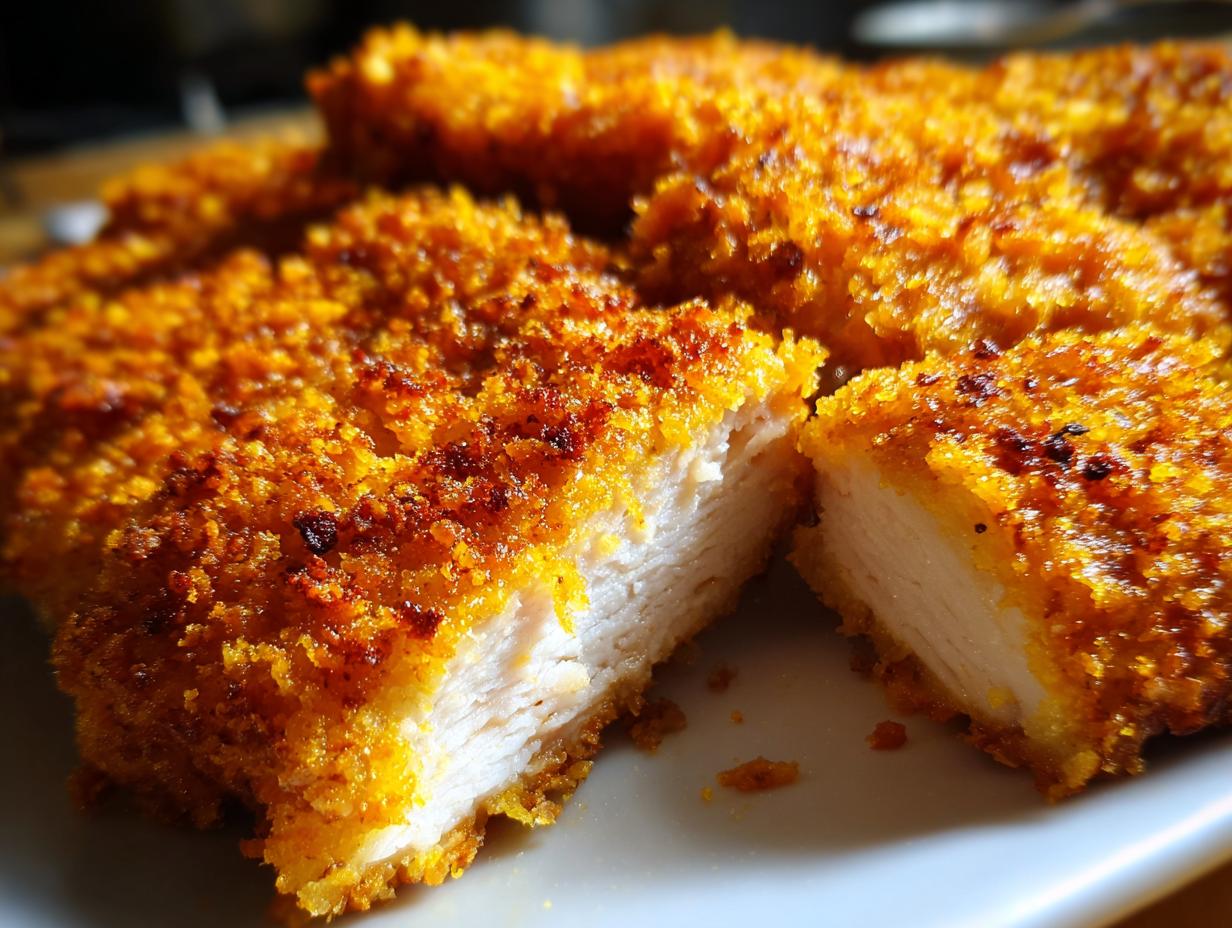 Close-up of ultra knusprige Hähnchenstreifen, showing the crispy breading and juicy chicken inside.