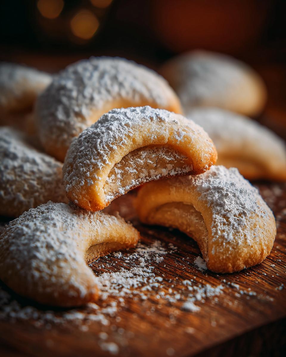 Close-up of Uromas Vanillekipferl - bestes!, crescent-shaped cookies dusted with powdered sugar on a wooden board.