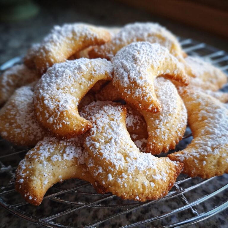 Pile of Uromas Vanillekipferl - bestes! cookies dusted with powdered sugar on a wire cooling rack.