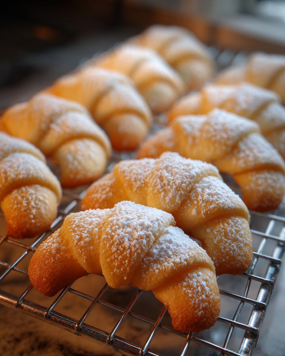 Close-up of Uromas Vanillekipferl - bestes! cookies, crescent-shaped and dusted with powdered sugar, on a wire rack.