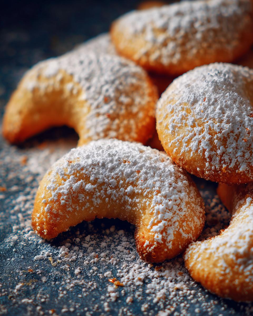 Close-up of Uromas Vanillekipferl - bestes!, crescent-shaped cookies heavily dusted with powdered sugar.