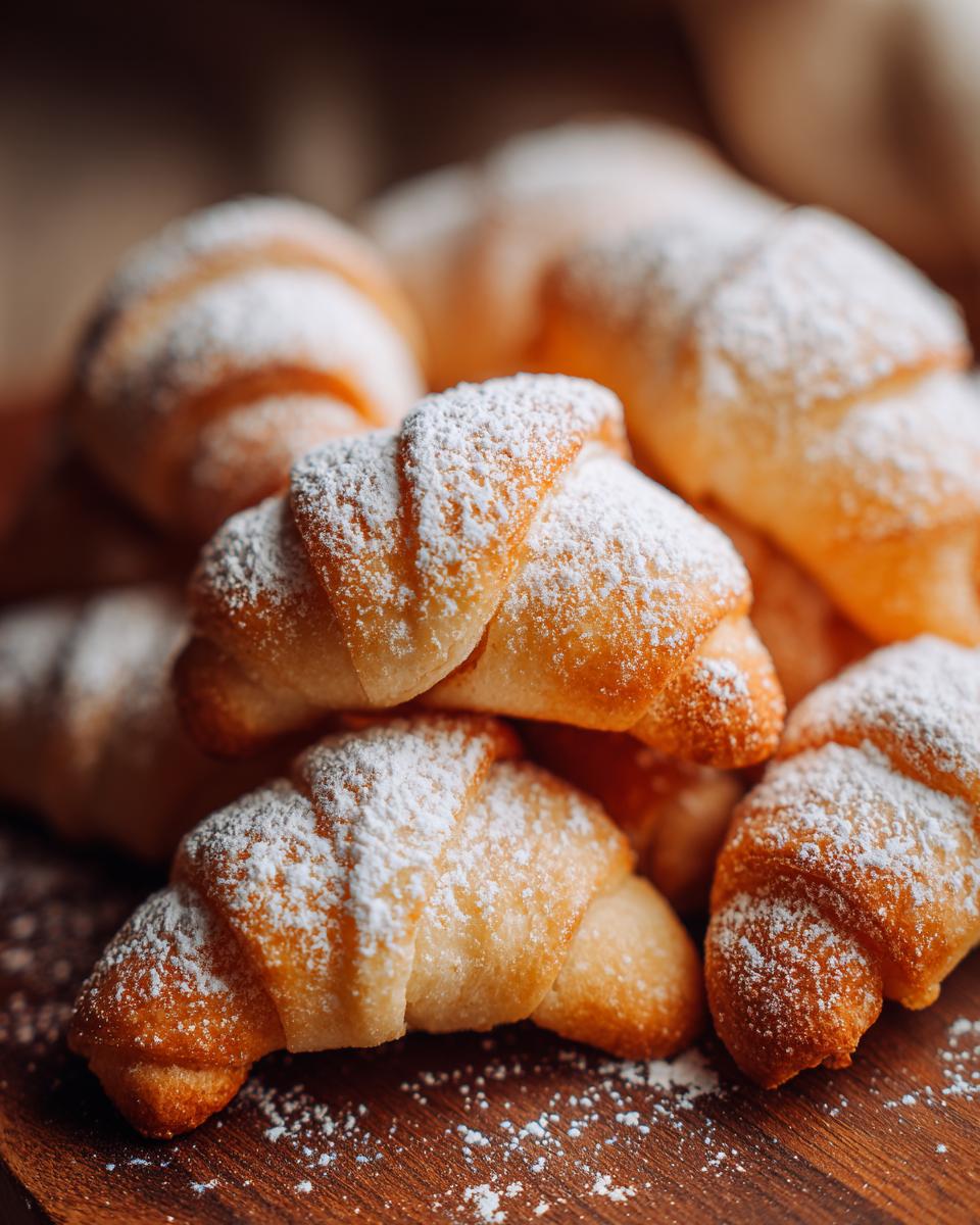 Close-up of Uromas Vanillekipferl - bestes!, crescent cookies dusted with powdered sugar on a wooden board.
