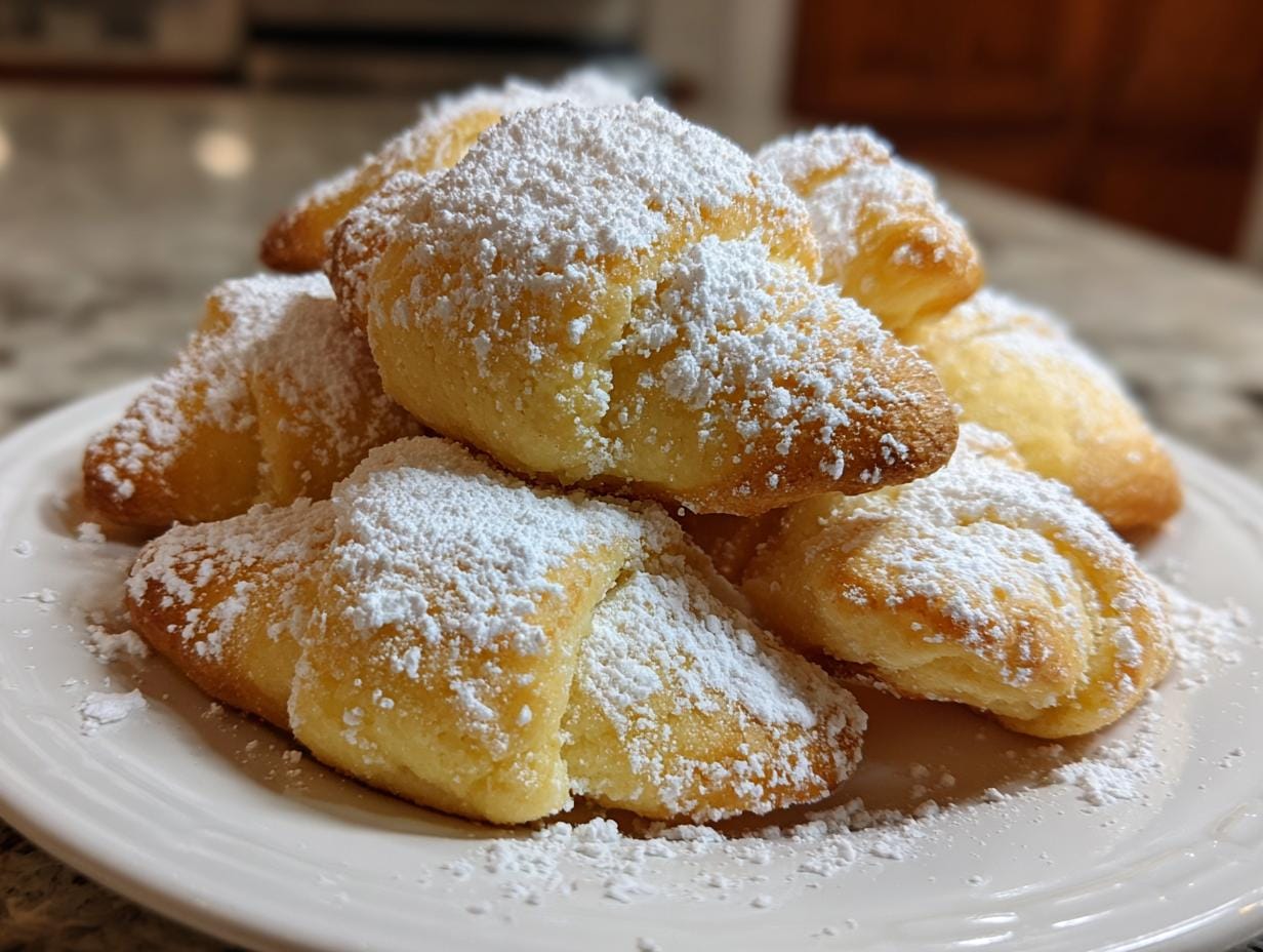 A plate of Uromas Vanillekipferl cookies, generously dusted with powdered sugar, ready to enjoy.