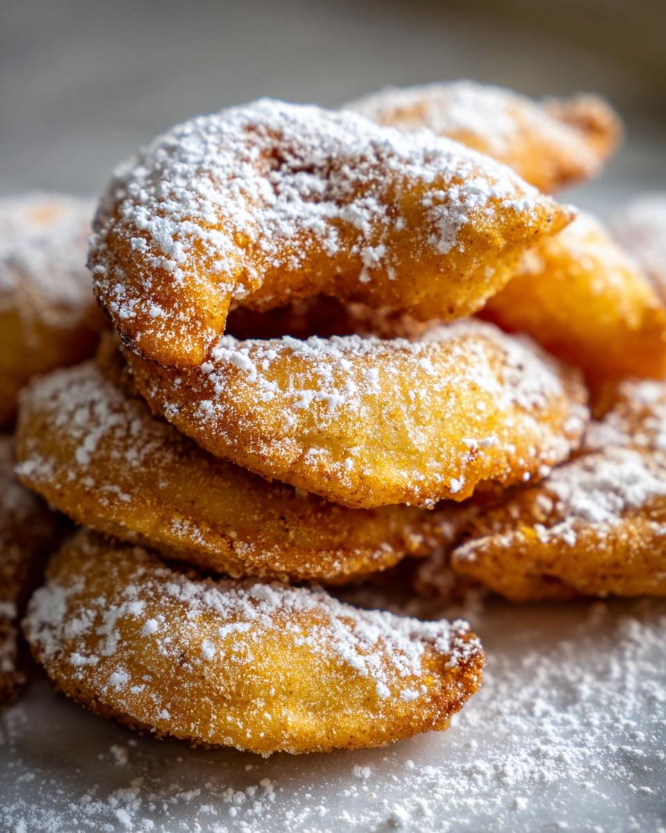 A stack of Uromas Vanillekipferl cookies, generously dusted with powdered sugar.