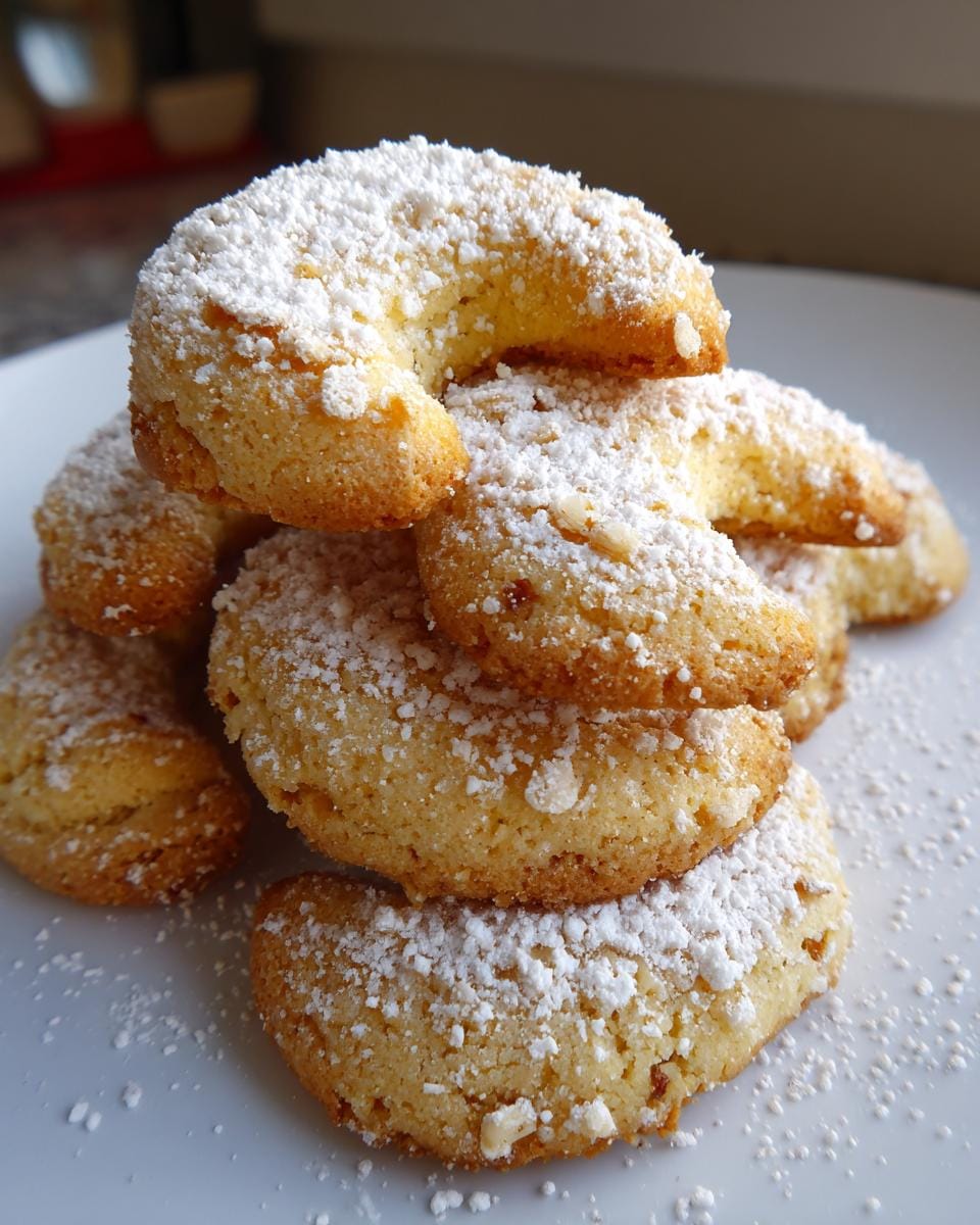 A stack of Uromas Vanillekipferl cookies, generously dusted with powdered sugar on a white plate.