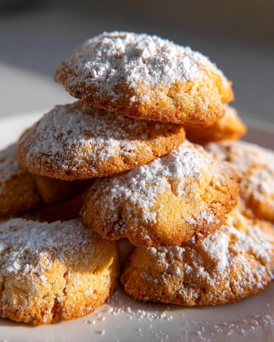 A stack of Uromas Vanillekipferl cookies, generously dusted with powdered sugar, ready to enjoy.