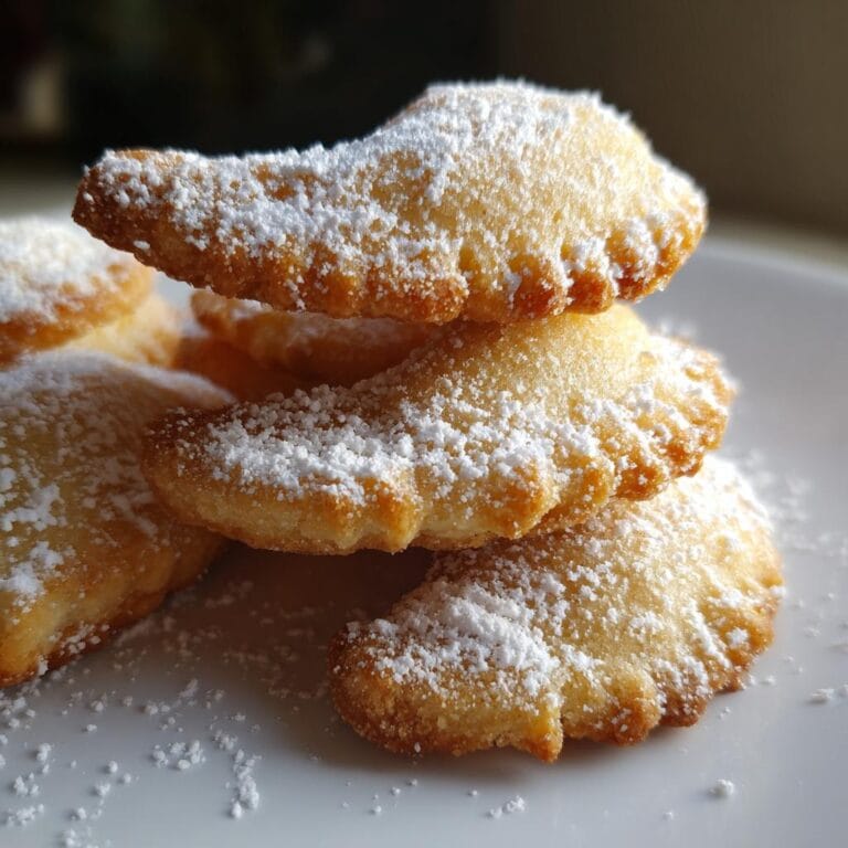 A stack of Uromas Vanillekipferl cookies, dusted with powdered sugar, on a white plate.