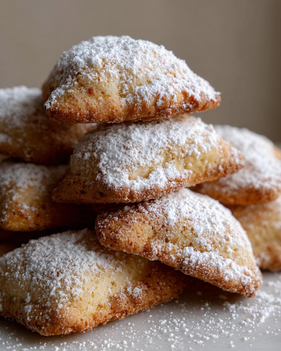 A stack of Uromas Vanillekipferl cookies, generously dusted with powdered sugar.