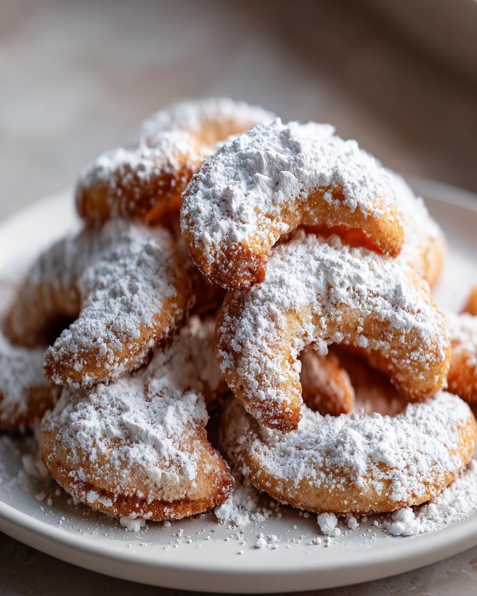 A stack of crescent-shaped Vanillekipferl cookies, generously dusted with powdered sugar on a white plate.