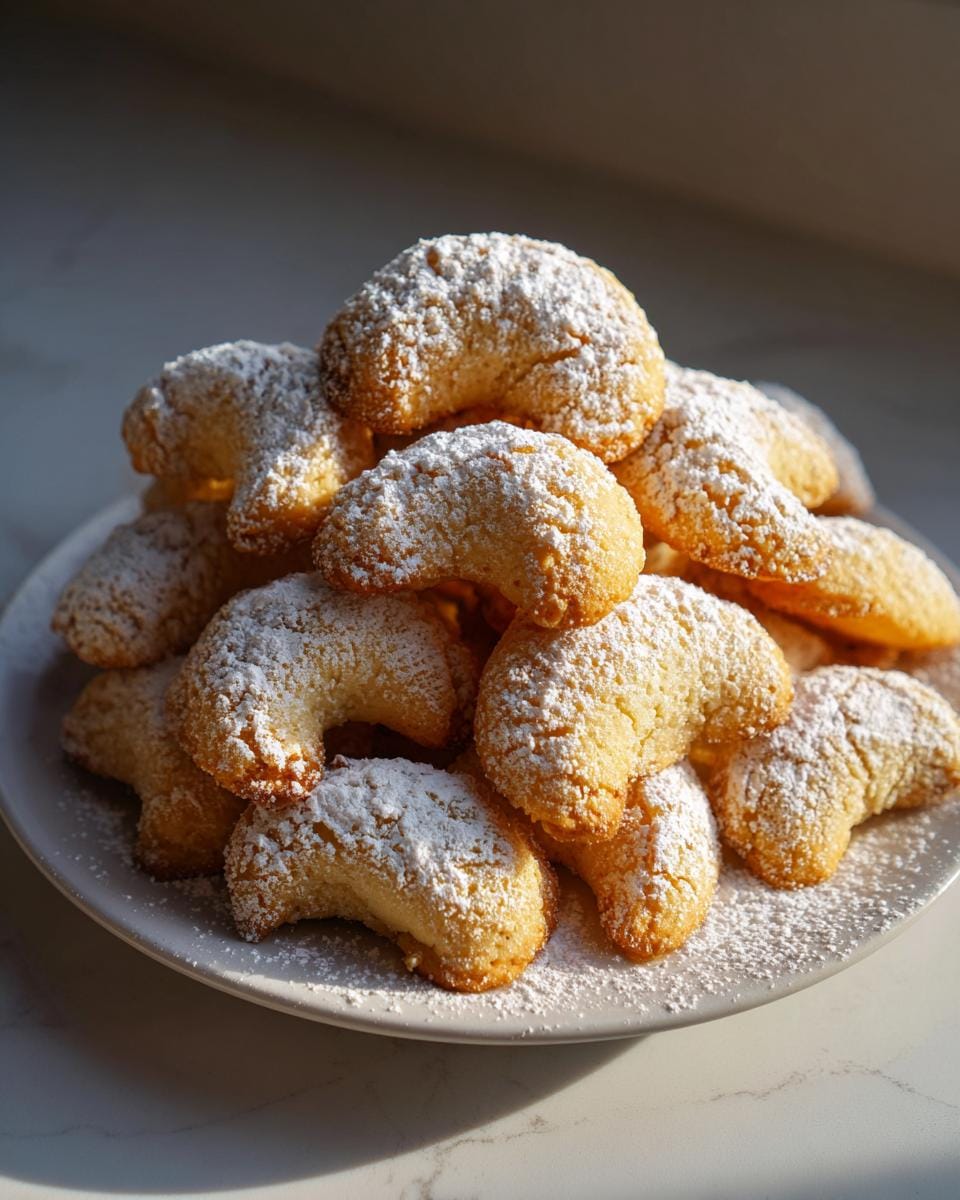 A stack of crescent-shaped Vanillekipferl cookies, heavily dusted with powdered sugar, on a white plate.