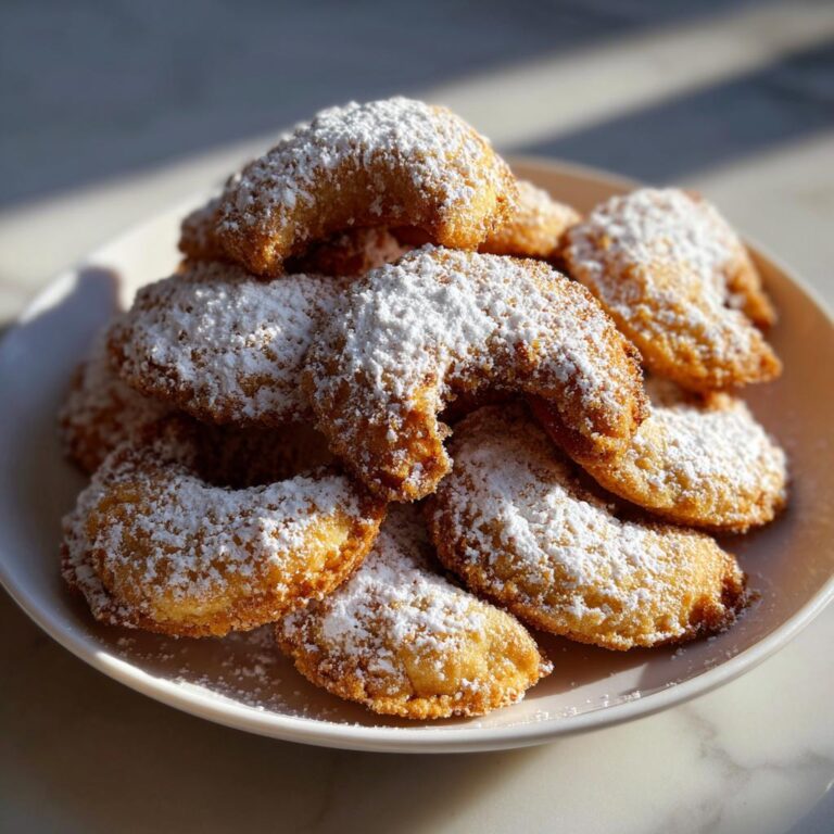 A stack of crescent-shaped Vanillekipferl cookies generously dusted with powdered sugar on a white plate.
