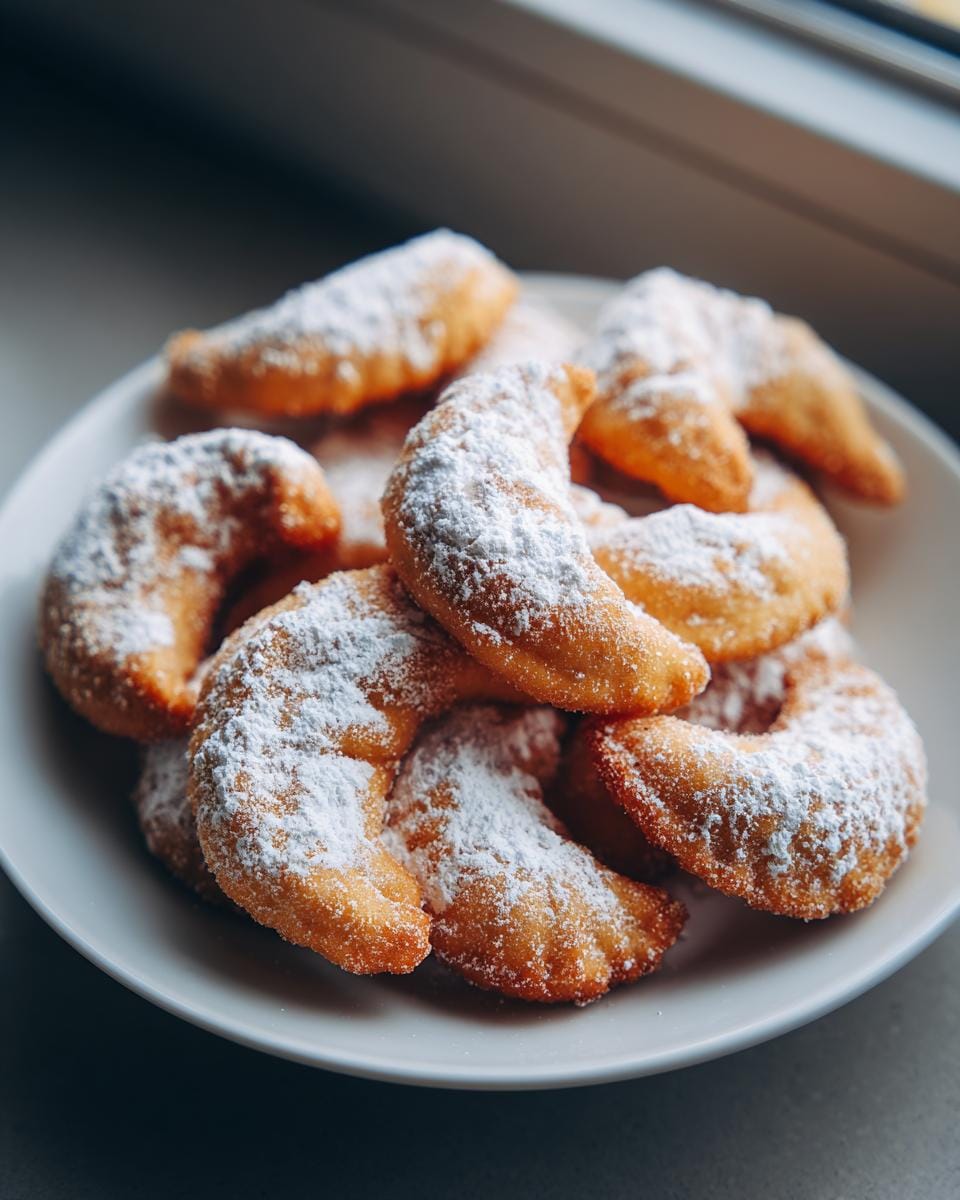 A plate of freshly baked Vanillekipferl cookies, generously dusted with powdered sugar.